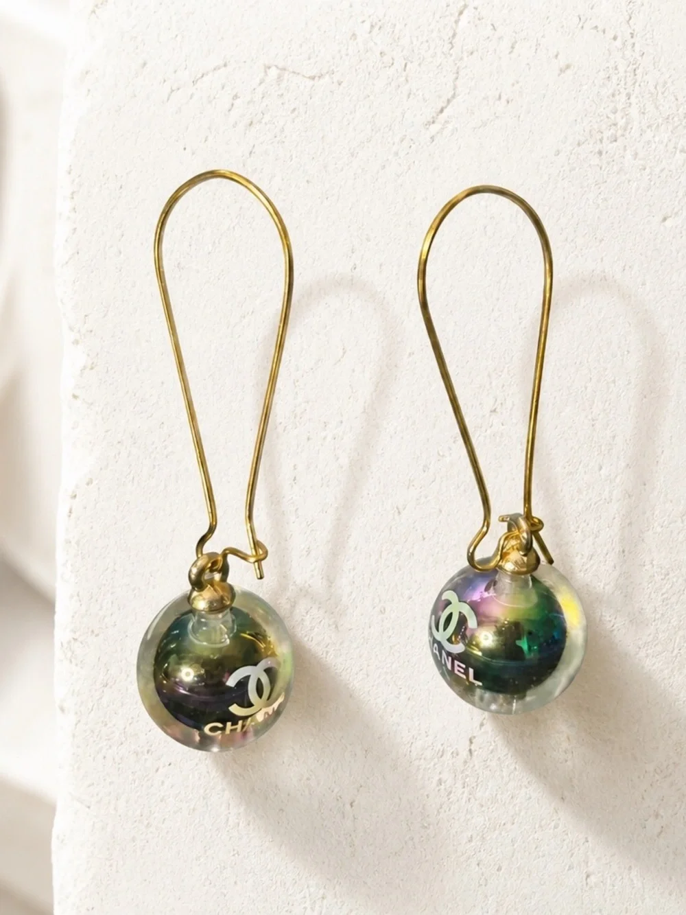 Gold Drop Earrings with Iridescent Multicolor Globe